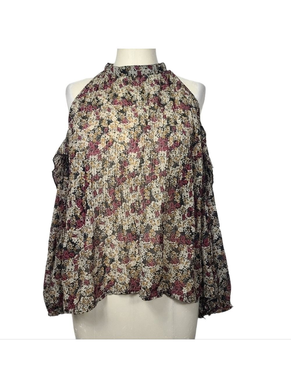 Zara Basic Collection Floral Cold Shoulder Long Sleeve Back Keyhole Blouse M